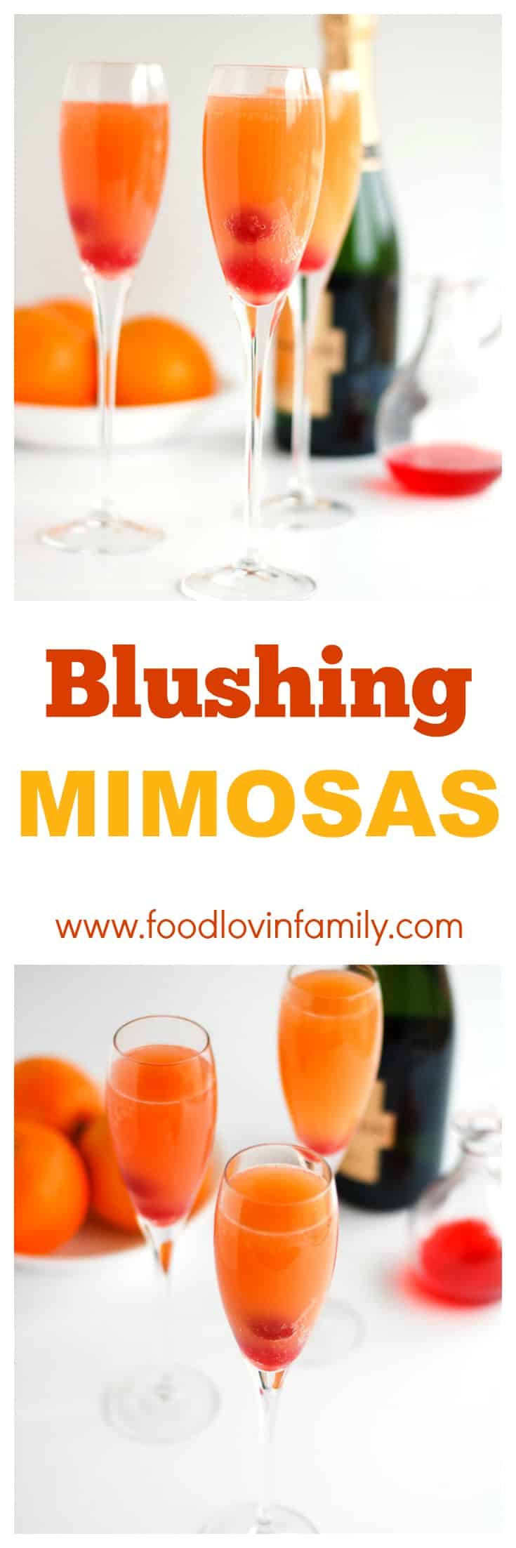 Blushing Mimosas - A dash of pineapple juice and grenadine, adds a lovely twist to this brunch time classic. Mimosa, Brunch, Mother's Day, Easter