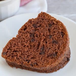 Piece of chocolate cake on a plate.