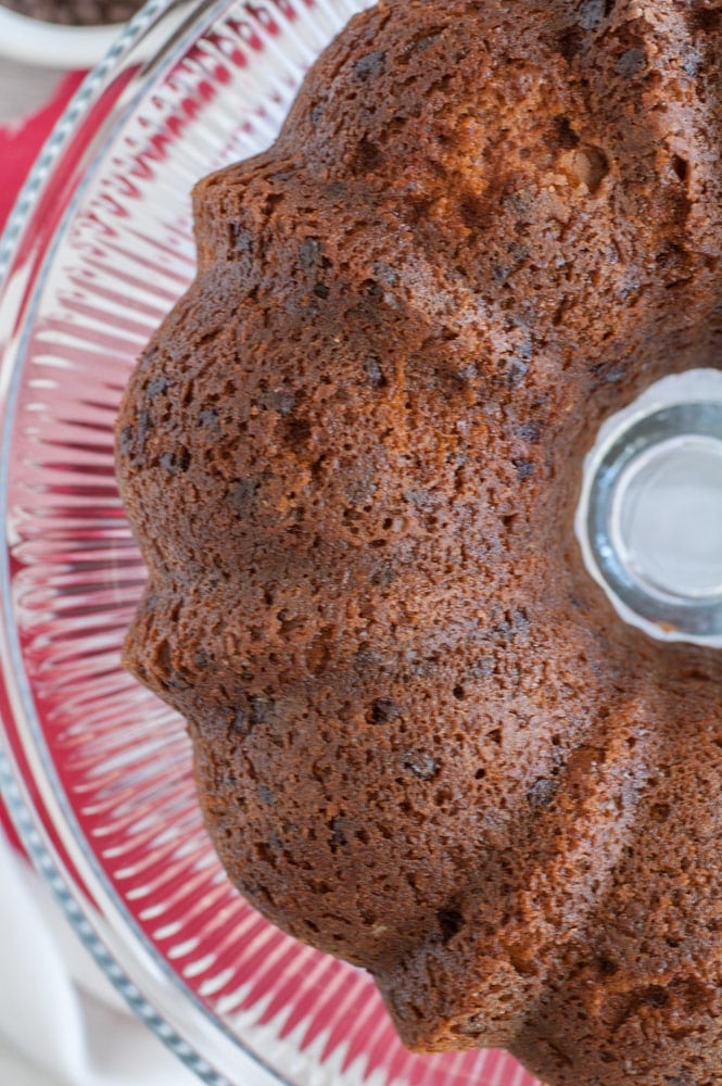 chocolate chip bundt cake on a cake plate