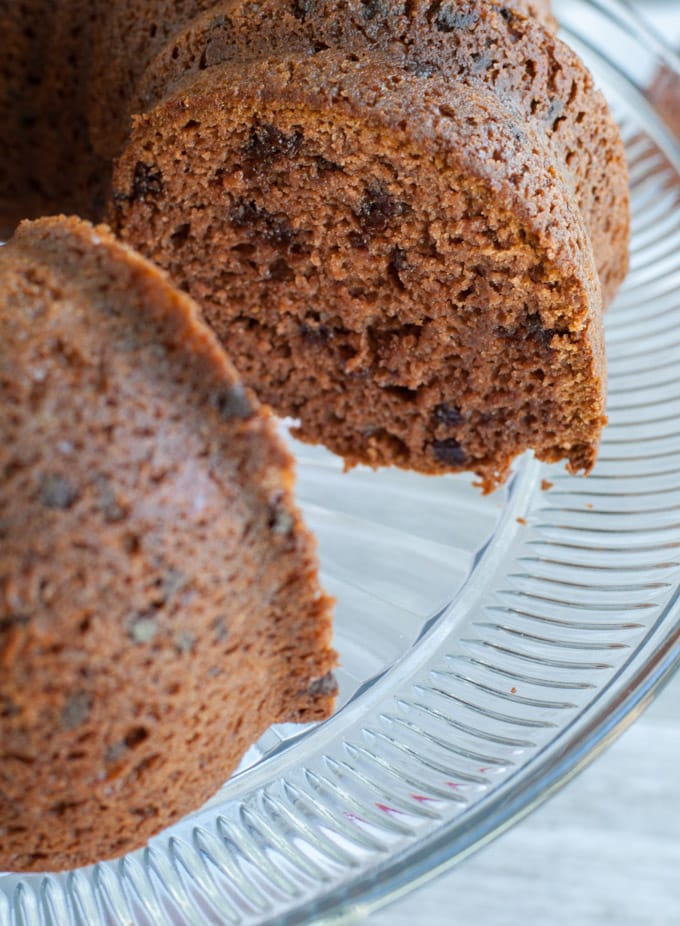 chocolate chip bundt cake chocolate pudding cake with a piece cut out