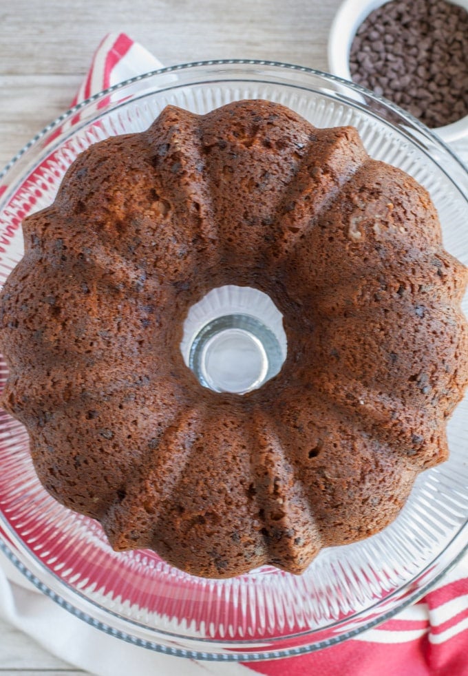 chocolate bundt cake on a cake pate