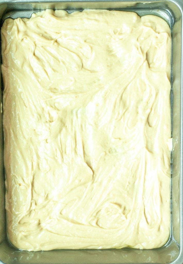 Half of the coffee cake batter spread in 9x13 pan. 