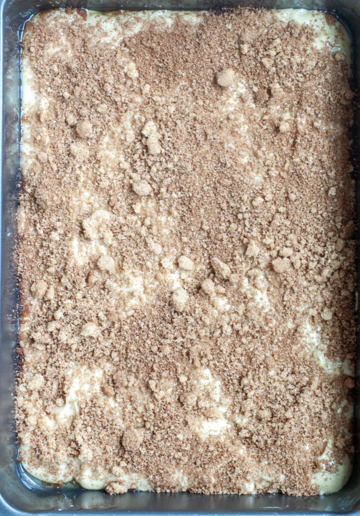 Brown sugar and cinnamon mixture sprinkled over batter. 