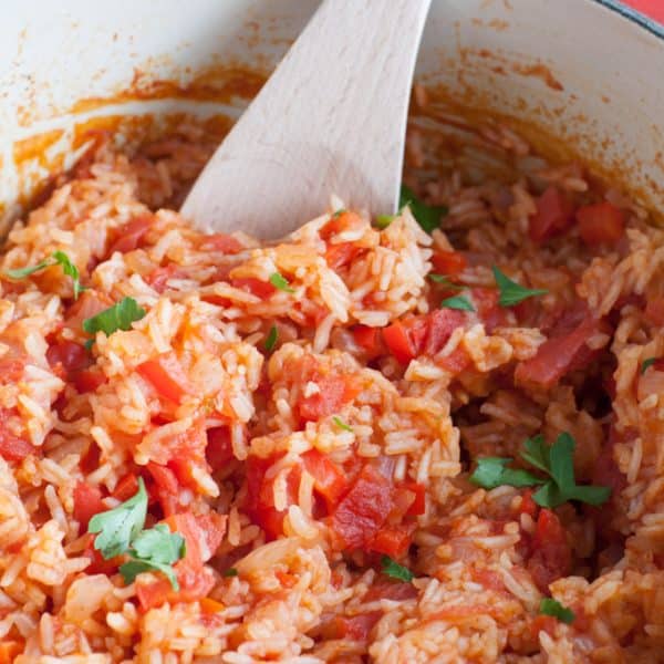 Tomato rice in a pot.