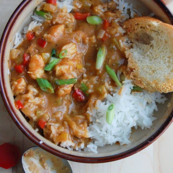 Shrimp Etoufee in a bowl with spoon.