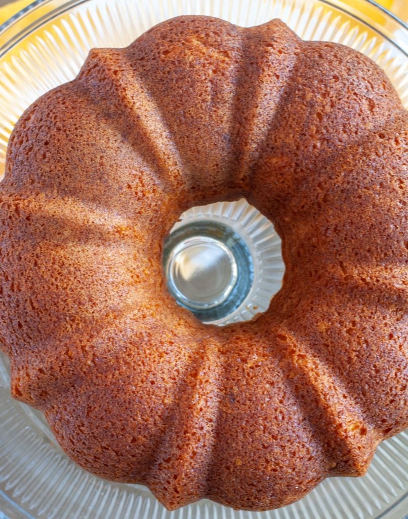 Baked Apricot Nectar Cake on a cake plate