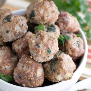 Turkey meatballs in a bowl on a table.