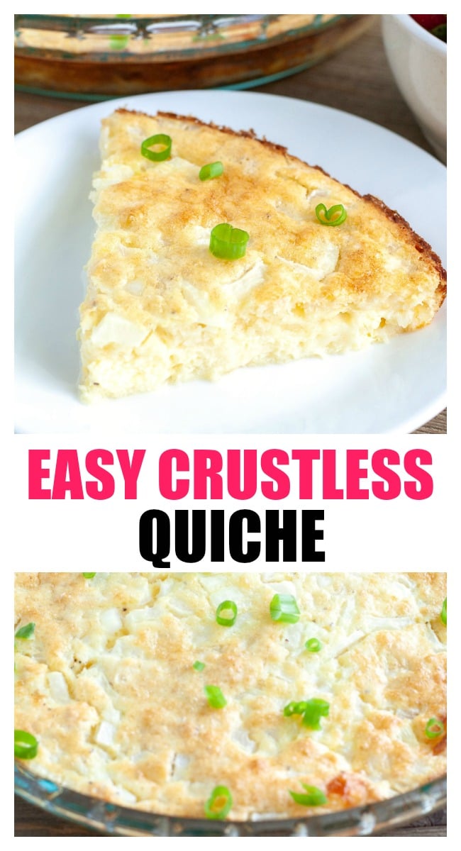 Easy crustless quiche makes an easy breakfast lunch or dinner. Customize it with veggies or meat. #quiche #breakfast #brunch #eggs #bisquick #crustlessquiche