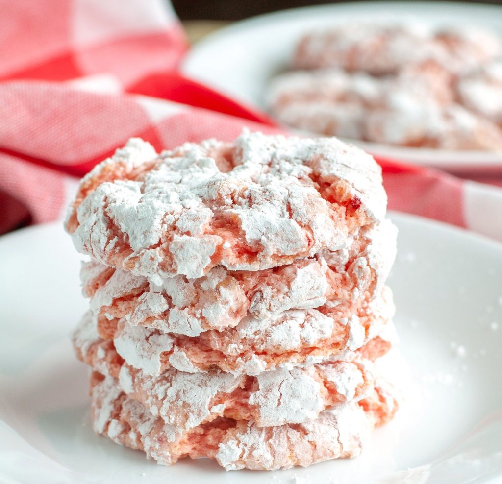 Strawberry Crinkle Cookies Stacked 