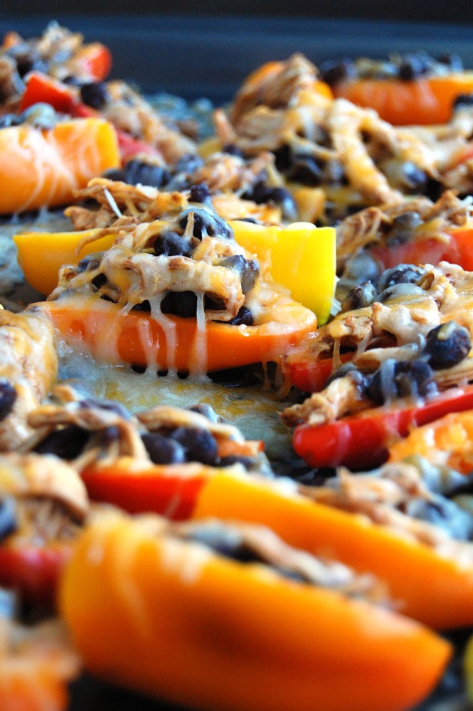 Peppers filled with black beans, chicken and cheese. 