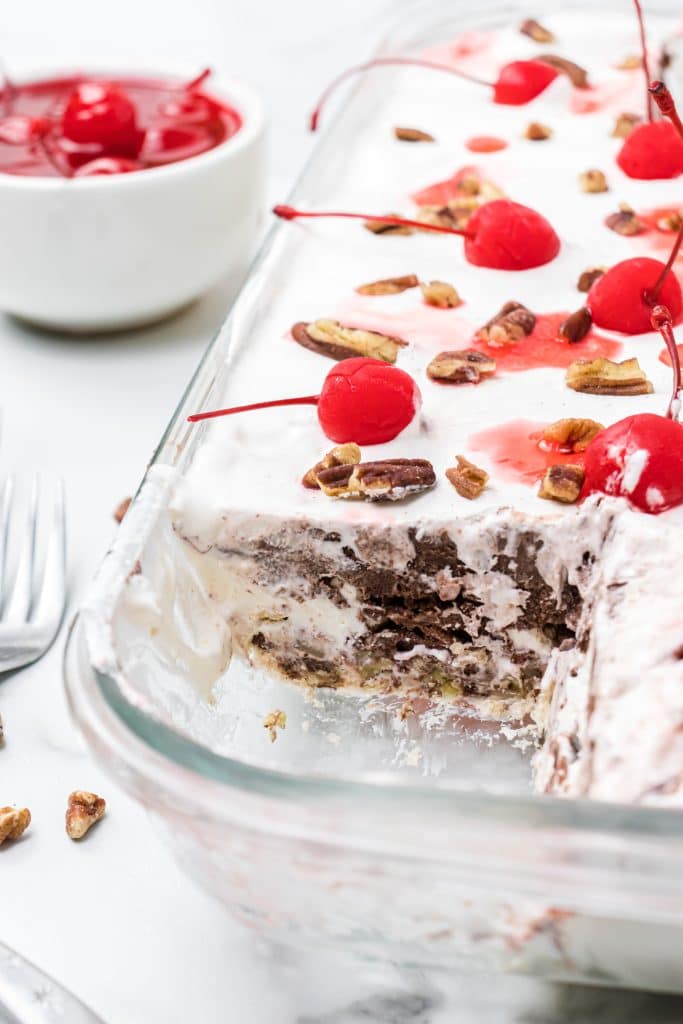 Baking dish with layered pudding dessert.