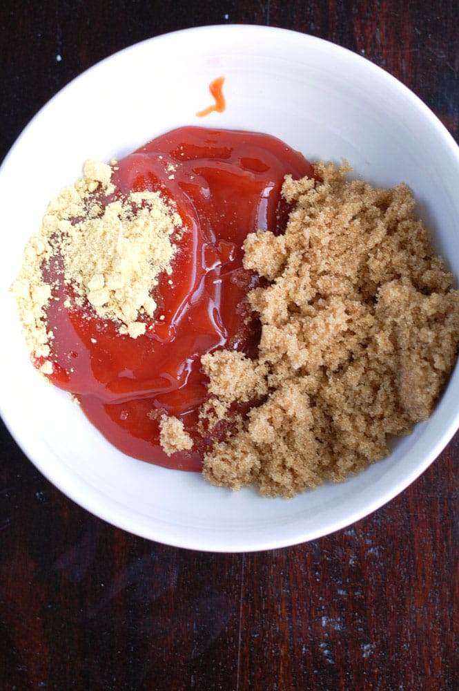 brown sugar, ground mustard and ketchup in a bowl