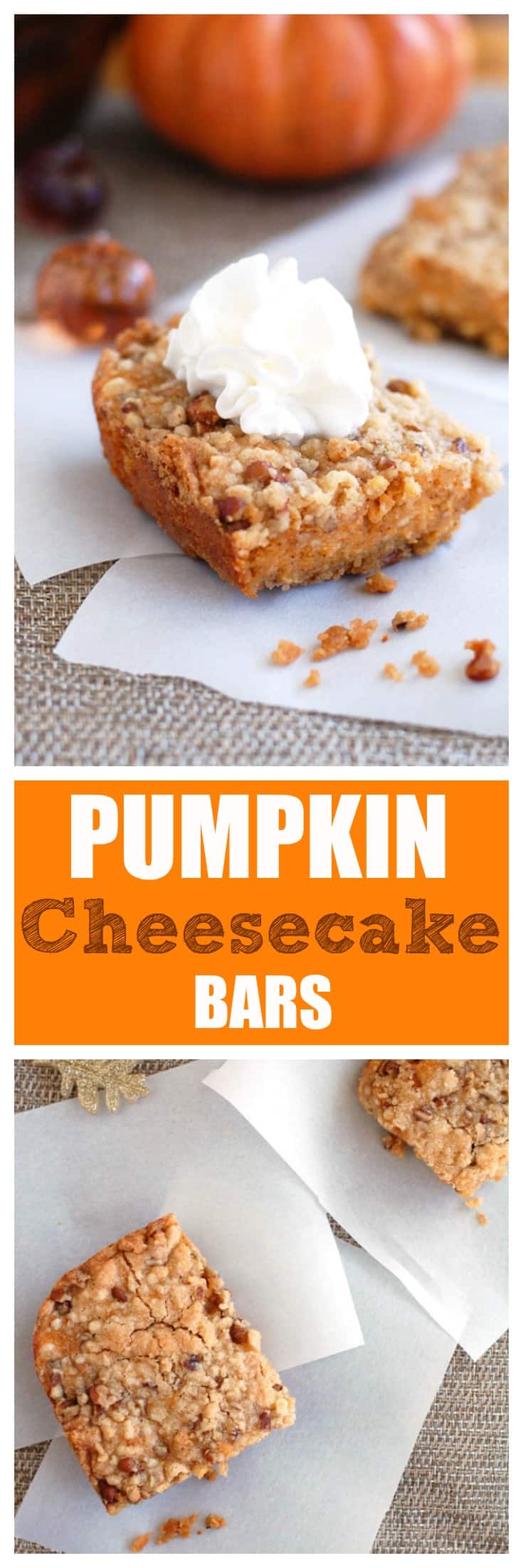 The Best Pumpkin Cheesecake bars are a great combination of a delicious crust topped with a rich and creamy pumpkin cheesecake and topped with a crumb topping. #pumpkin #pumpkincheesecake #falldesserts