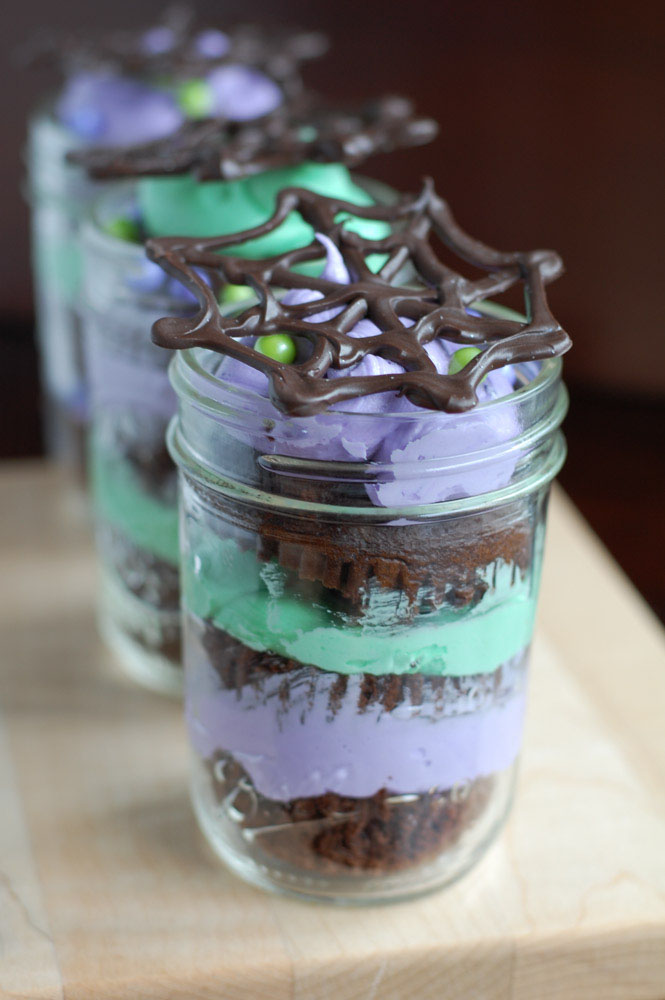 Halloween Mason Jar Cakes with chocolate spider web toppers 