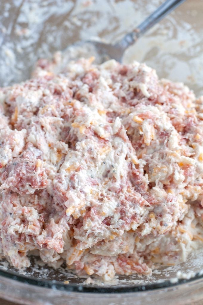 Sausage ball mixture in a glass bowl