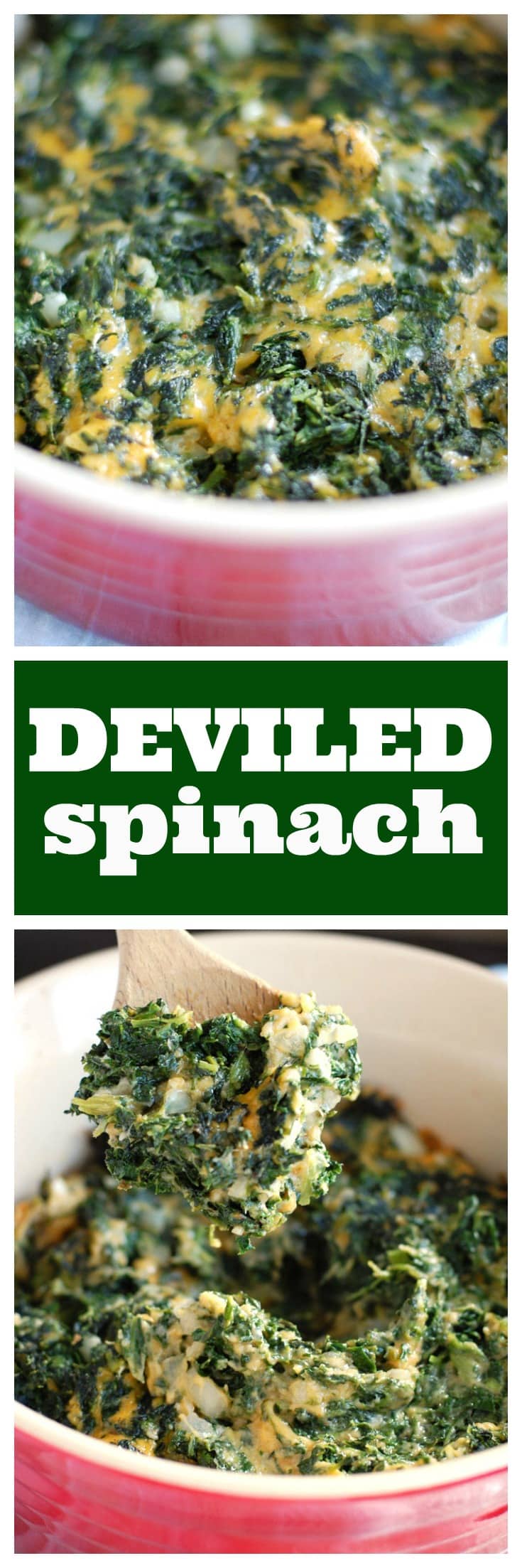 Deviled spinach is a slightly spicy, creamy, cheesy side dish. A great dish to serve during the holidays! #thanksgivingside #thanksgiving #sidedish #creamedspinach #deviledspinach #spinachcasserole