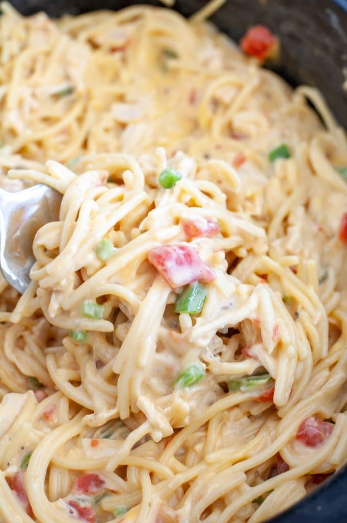 Spaghetti noodles in crockpot. 