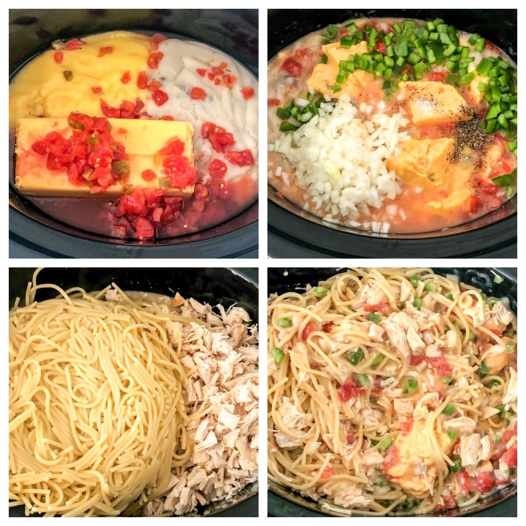 Velveeta, tomatoes, chicken, pasta in slow cooker. 