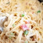 Slow cooker with spaghetti noodles.