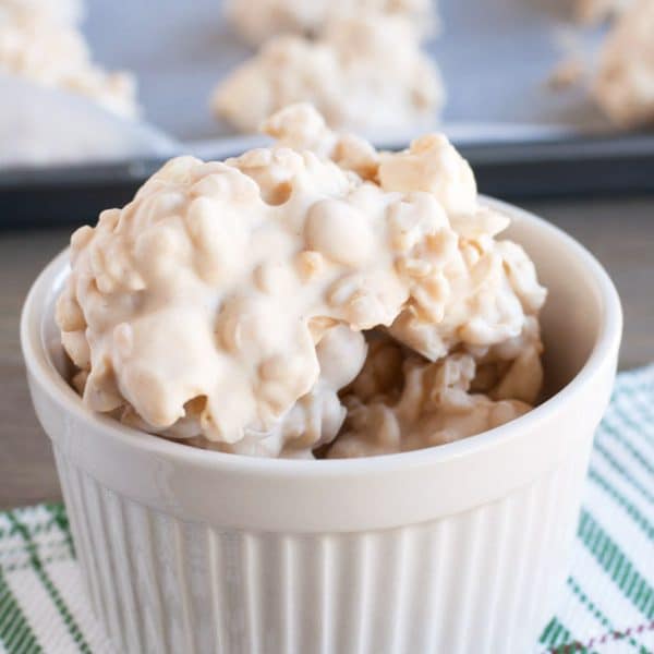 Bowl of white chocolate candy.