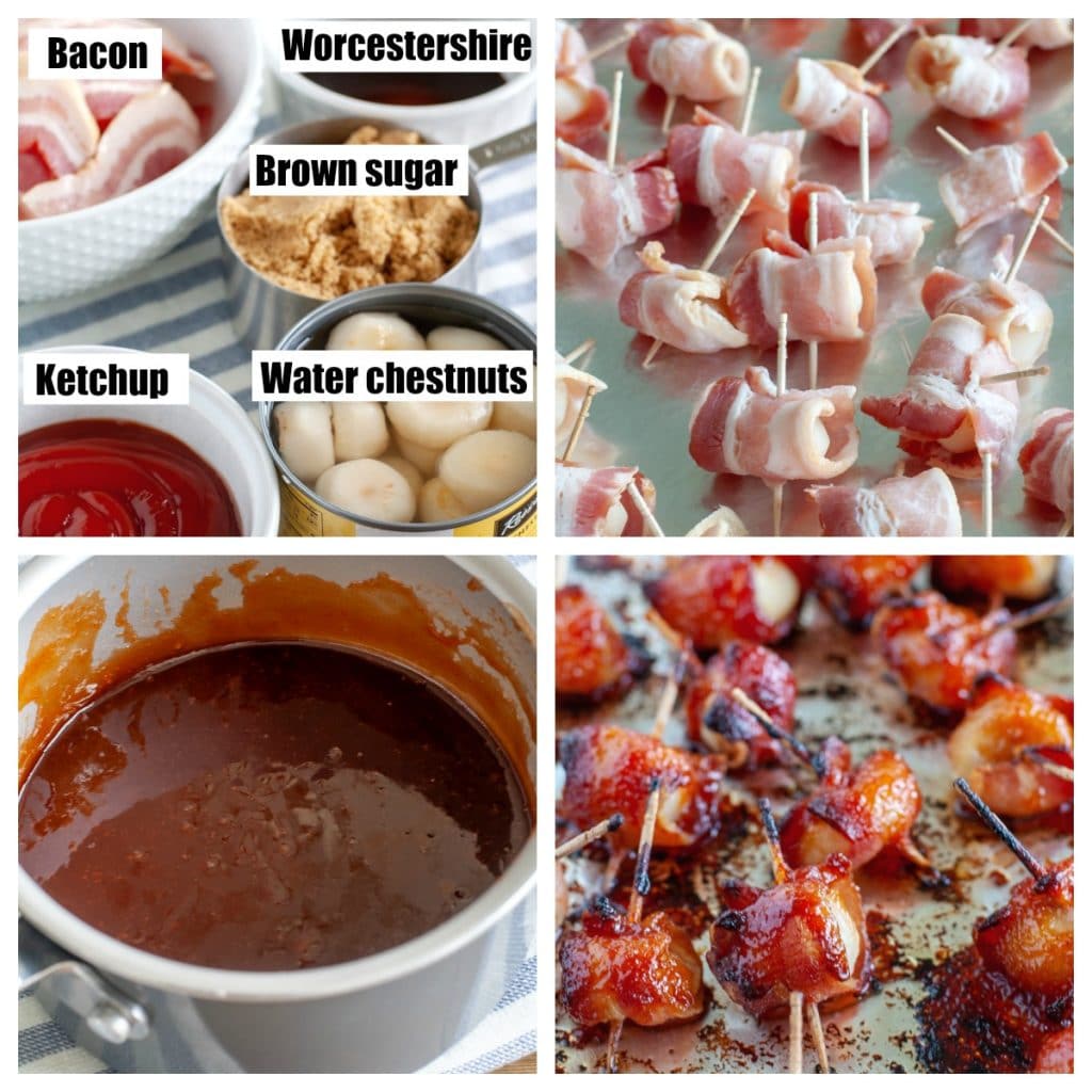 Ingredients for bacon wrapped water chestnuts, chestnuts wrapped in bacon on foil, sauce in pan and finished bacon wrapped water chestnuts