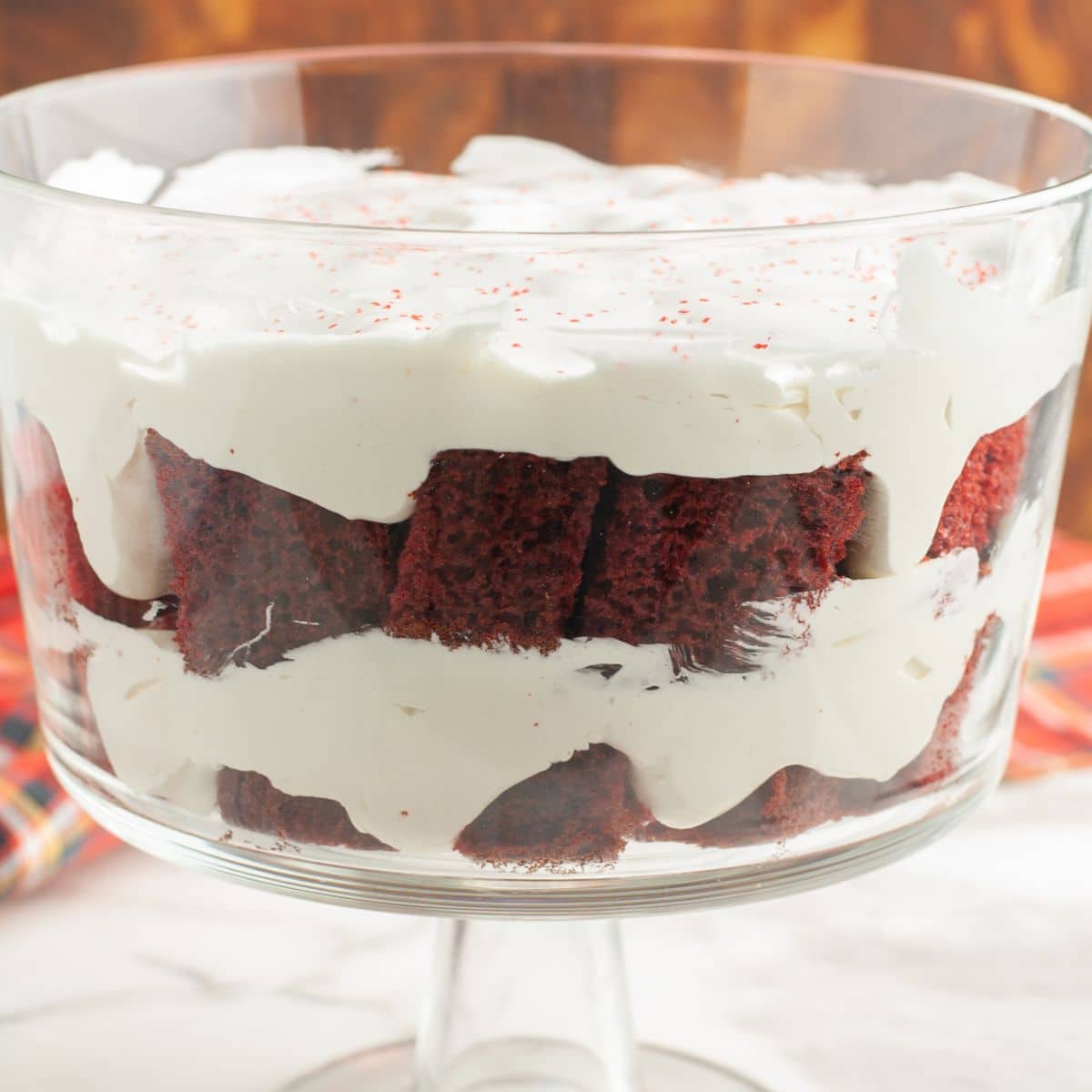 Trifle bowl with red velvet trifle. 
