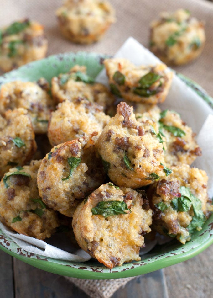 Quinoa, turkey sausage, spinach, egg and cheese mini cups are great protein packed breakfast bites. Make them once and eat them all week. 