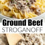Ground beef stroganoff on egg noodles.