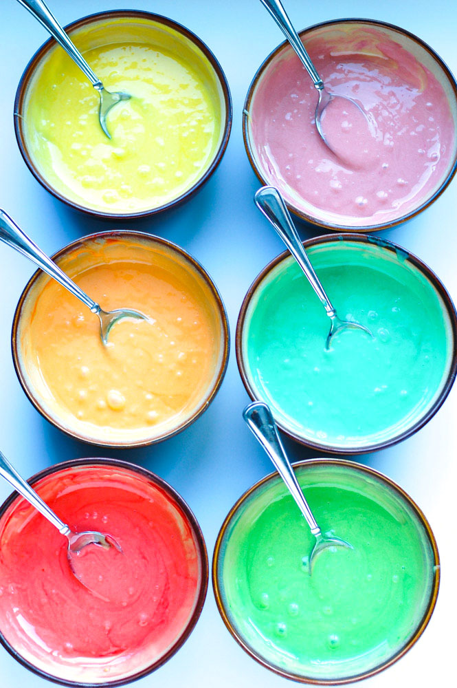Rainbow Cake Batter in bowls
