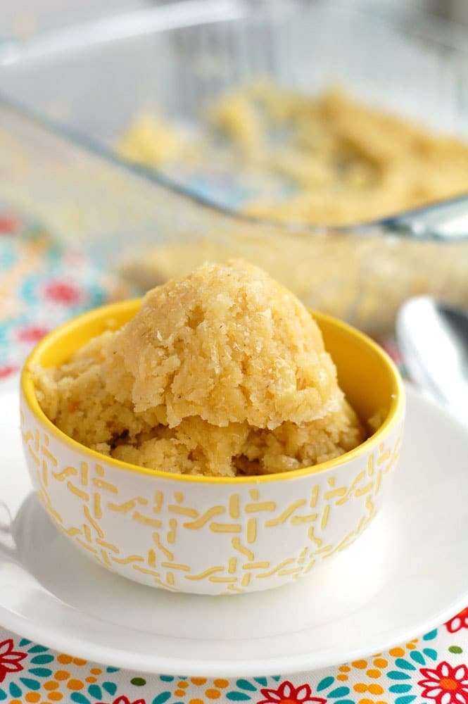 Copycat Chi-Chi's Sweet Corn Cake in a yellow and white bowl