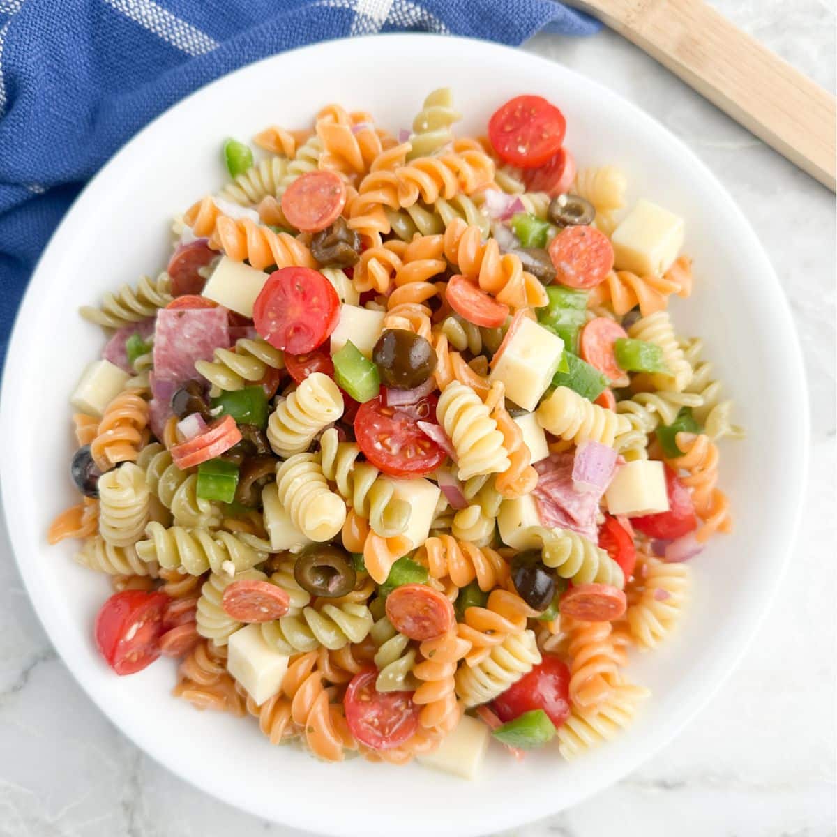 Bowl of pasta salad. 