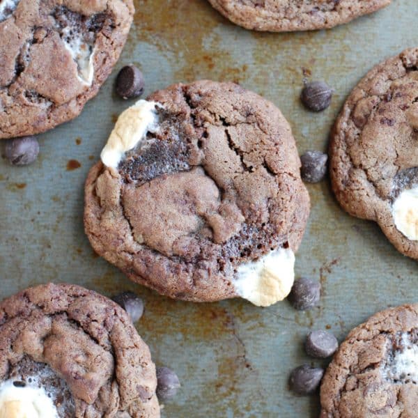 Chocolate and marshmallow cookies on a pan.