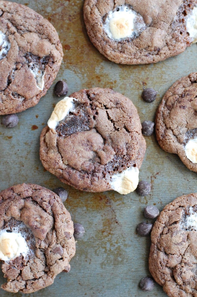 Chocolate and marshmallow cookies on a pan. 