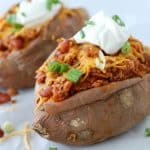 Baked sweet potato stuffed with chili.