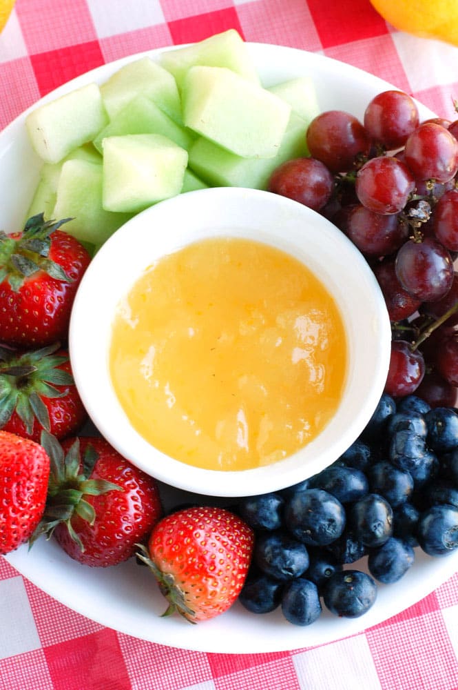 Fruit platter with orange dip. 