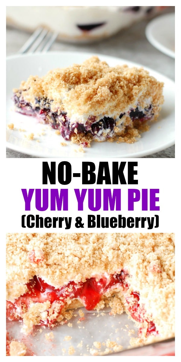 Yum Yum Pie is a delicious no bake, layered dessert. Graham cracker crust topped with a creamy layer, blueberries and cherries. #yumyum #nobakedessert #nobake #fourthofjulyfood #dessert #cherry #blueberry