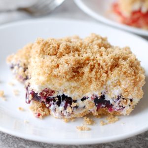 Plate with blueberry and graham cracker dessert.