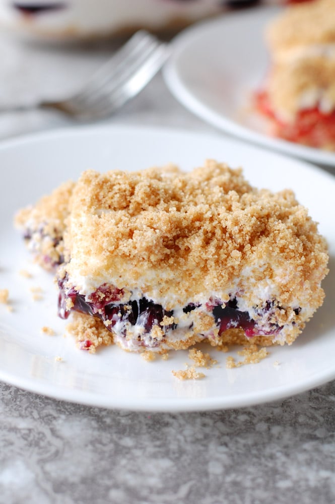 Plate with blueberry and graham cracker dessert. 