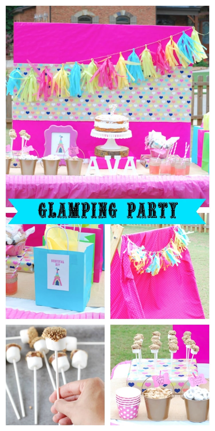 This Glamping party has everything you need including printables, smores pops and tissue paper tassel tutorial.