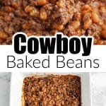 Casserole dish with baked beans.