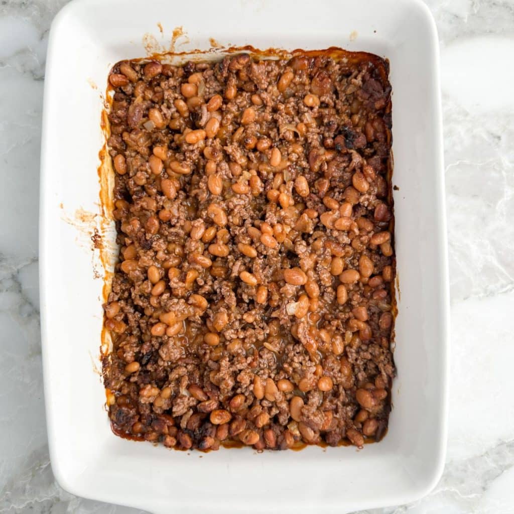 Casserole dish with baked beans. 