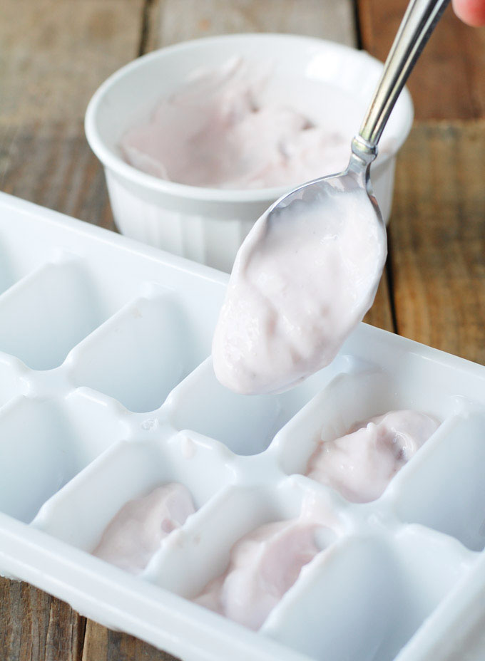 Yogurt being put into ice cube trays