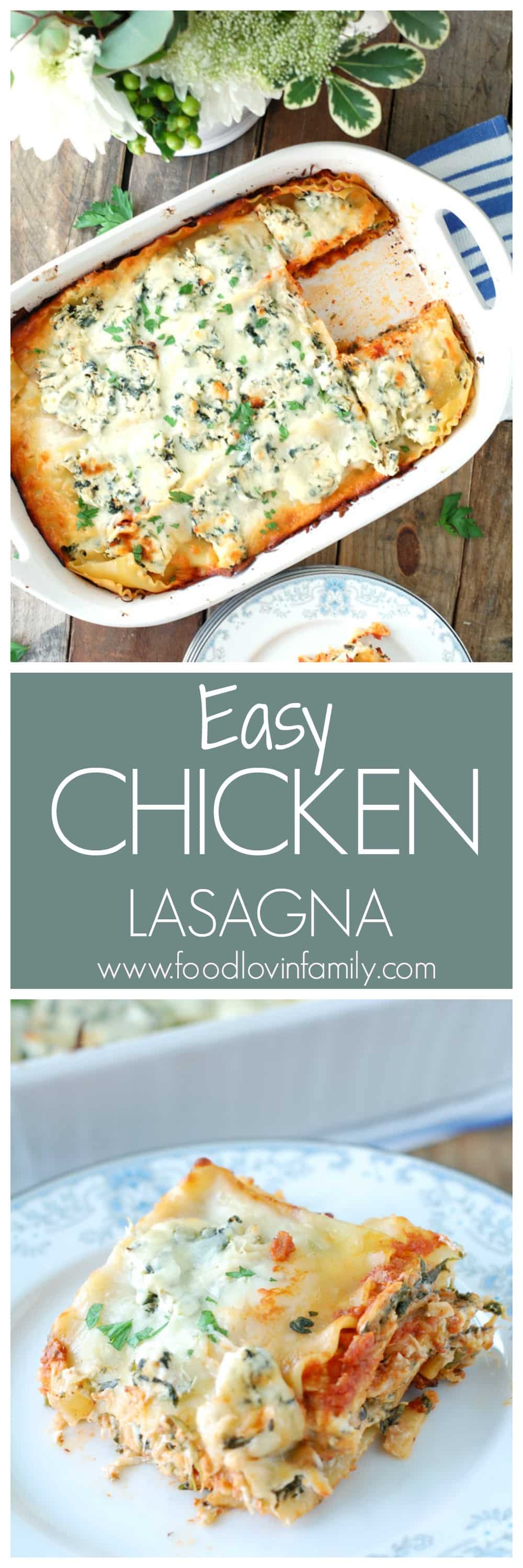 Chicken Lasagna has amazing home style flavor and can be assembled quickly by using a few shortcuts. #easydinner #lasagna #pasta #chickenlasagna