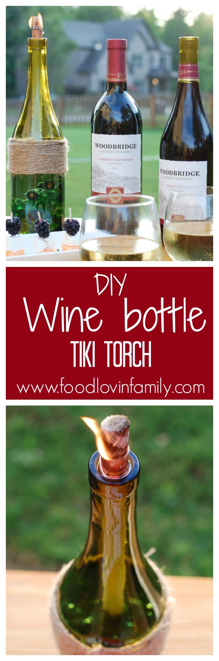Turn your leftover wine bottles into beautiful backyard DIY wine bottle Tiki torches. They are a perfect way to recycle those old bottles and keep away the bugs from your backyard entertaining area.