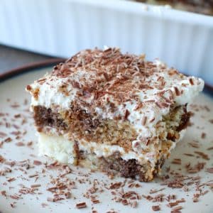 Piece of chocolate and vanilla cake on plate.