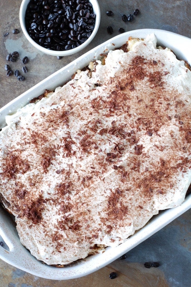 pound cake tiramisu in a casserole dish