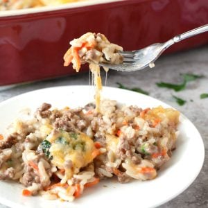 Rice and ground beef casserole on plate with fork.
