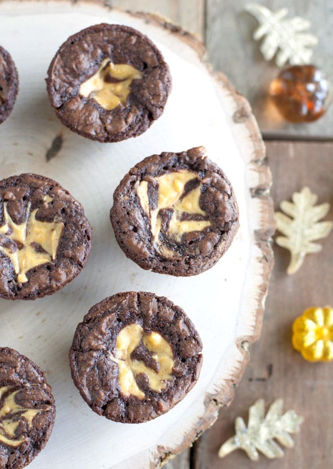 Brownie bites with swirl of cream cheese. 