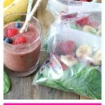 Glass with smoothie and bag with frozen fruit.
