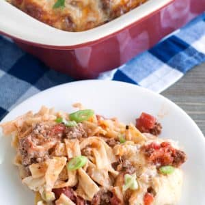 Pasta and beef casserole on a plate.